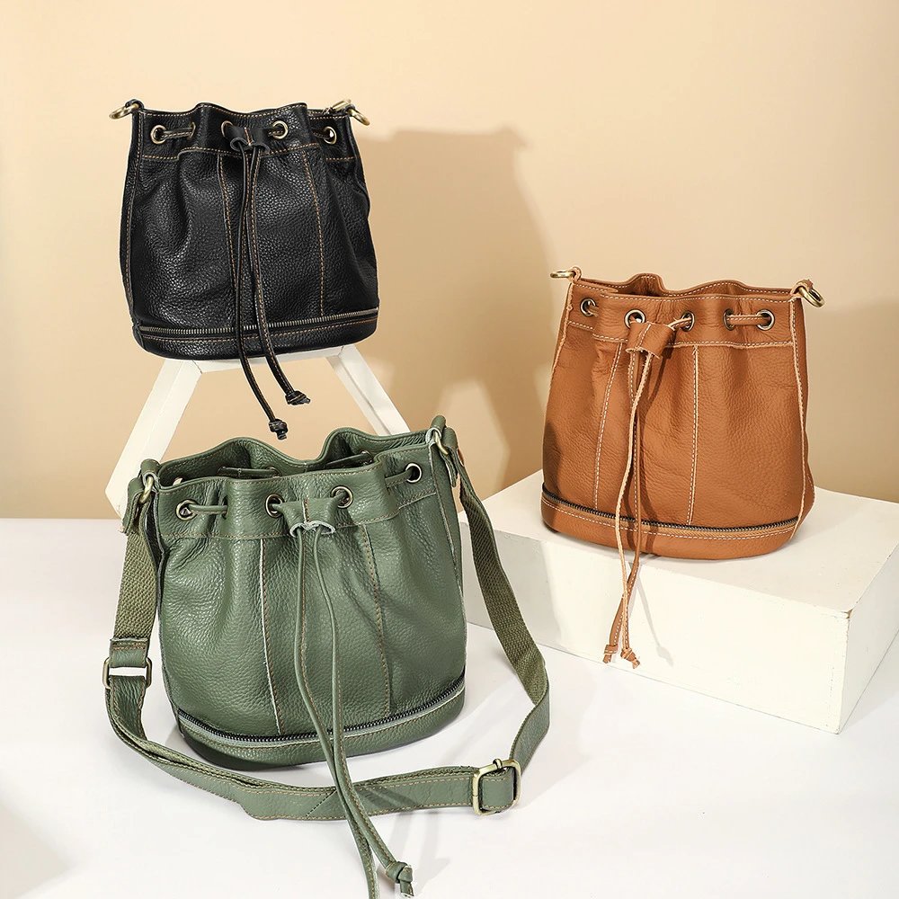 Genuine Leather Olive Green Drawstring Bucket Bag