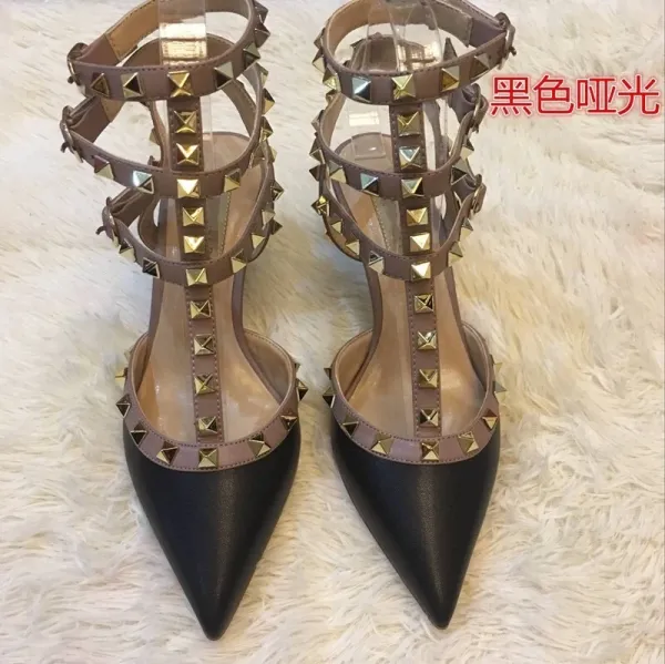 Valentino Rockstud Strappy Sandals Beige and Black Heels - 17