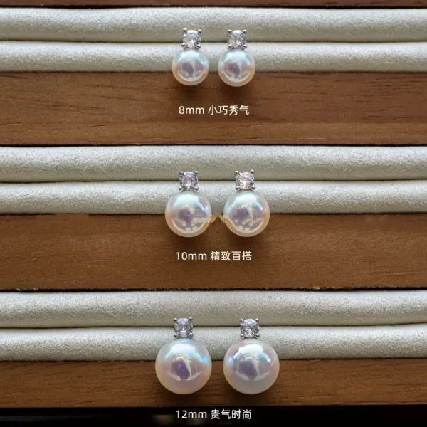 Design Pearl Stud Earrings with Cubic Zirconia Accents in 8mm, 10mm, and 12mm Sizes Jewelry - 7