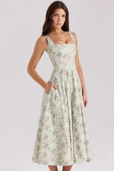 Design Floral Corset Midi Dress Beige Pink - 25