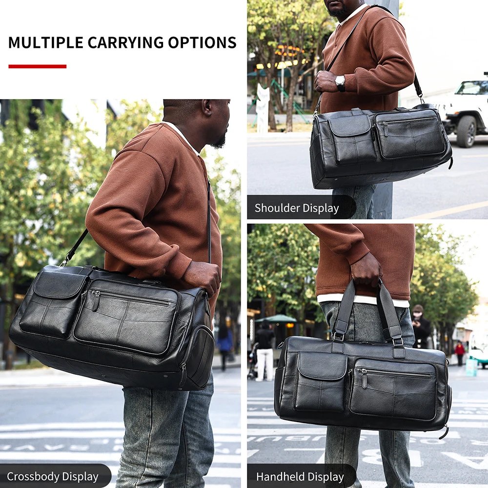 Black Pebbled Leather Duffel Bag Travel Style