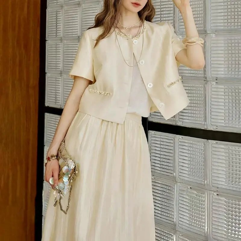 Cream Linen Blend Short Sleeve Blazer and Midi Skirt Set Elegant Two Piece Outfit