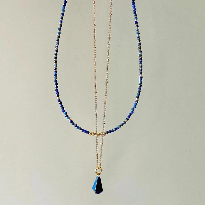 Lapis Lazuli Beaded Layered Necklace Blue Gold-Tone Bohemian