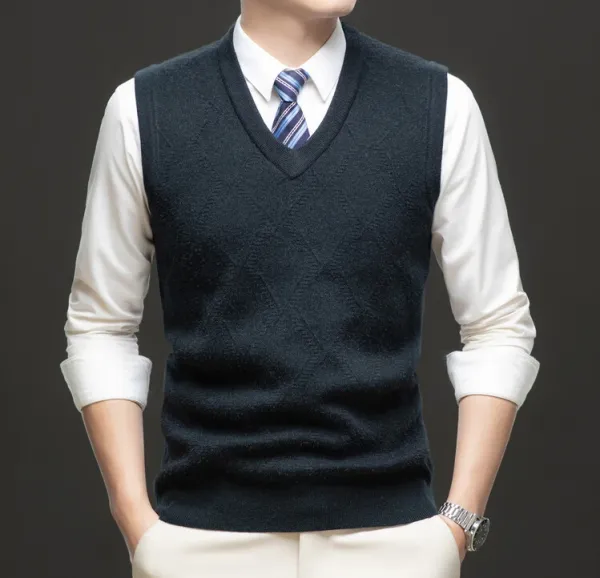 Design V-Neck Knit Vest Navy Blue Vest Top - 58