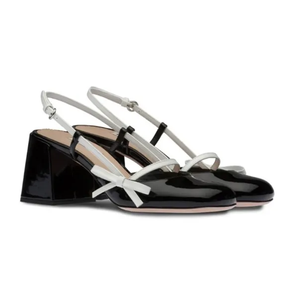 Design Mary Jane Slingback Block Heel Black Patent Leather Shoes with Bow Detail - 5