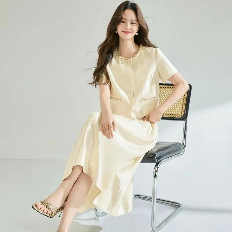 Cream Linen Blend Short Sleeve Blazer and Midi Skirt Set Elegant Two Piece Outfit