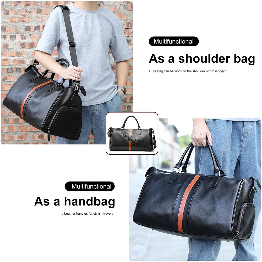 Leather Duffel Bag Black Orange Stripe Travel Gym Bag