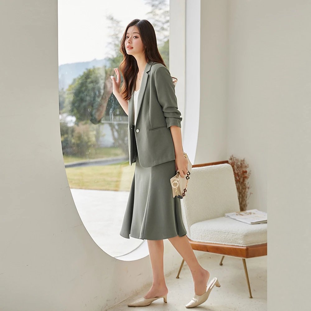 Olive Green Tailored Blazer And Skirt Set Professional Two Piece Suit