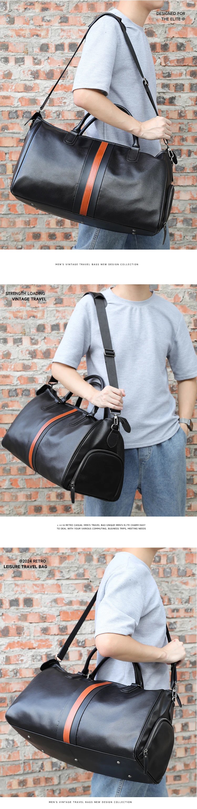 Design Duffle Bag Black with Orange Stripe Travel Bag - 4