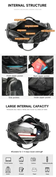 Design Duffle Bag Black Leather Travel Bag - 6
