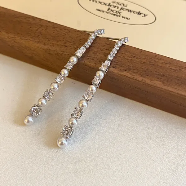 Design Pearl and Crystal Linear Drop Earrings Silver Jewelry - 8