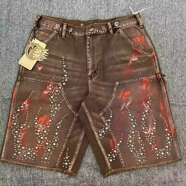 Hellstar Studios Distressed Denim Shorts with Red Splatter and Rhinestone Embellishment - 6