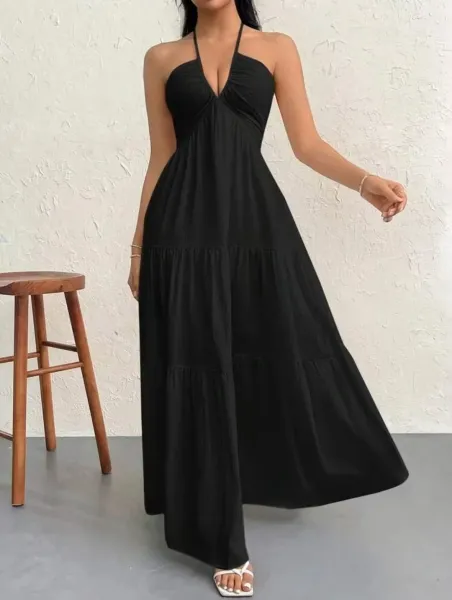 Design Halter Neck Tiered Maxi Dress Pale Yellow - 7