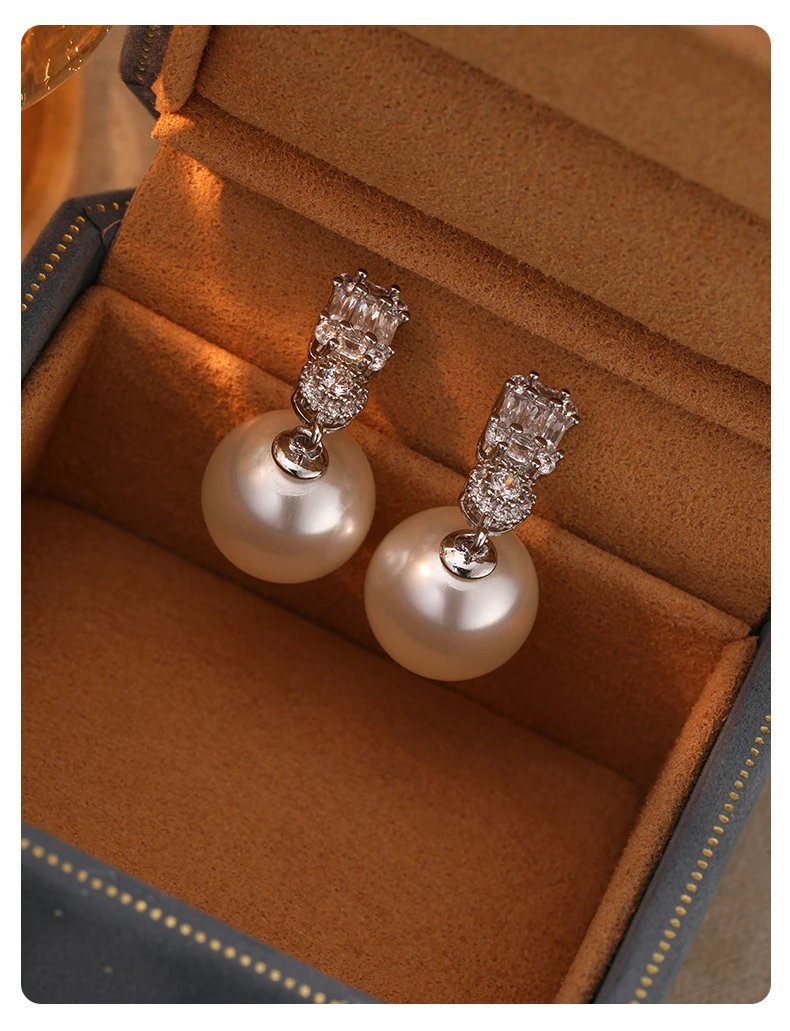Design Platinum Gray 12MM Pearl Earrings with Baguette and Round CZ Jewelry - 11