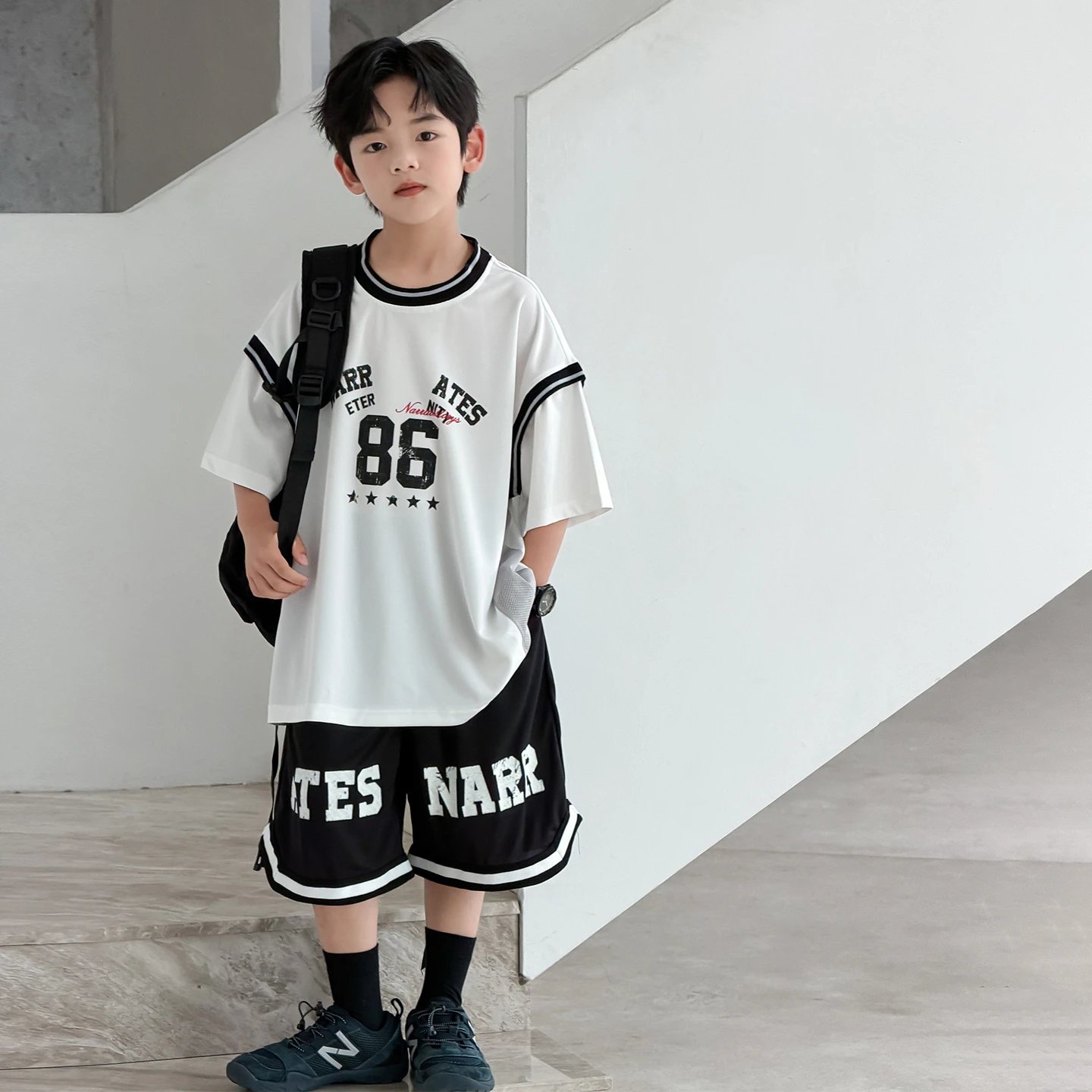 White Graphic Print 86 Number Oversized T-Shirt Black Mesh Shorts Sporty Set