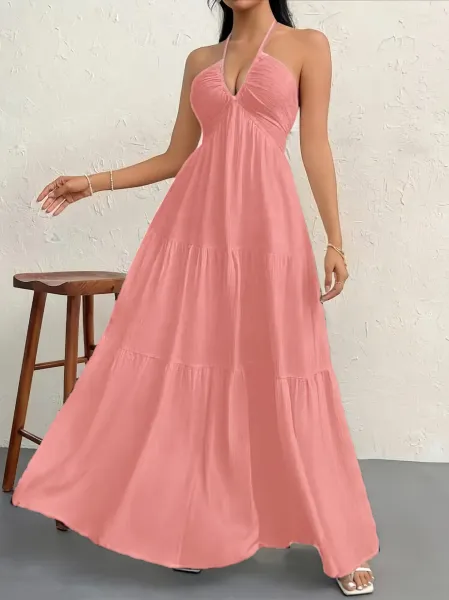Design Halter Neck Tiered Maxi Dress Pale Yellow - 14
