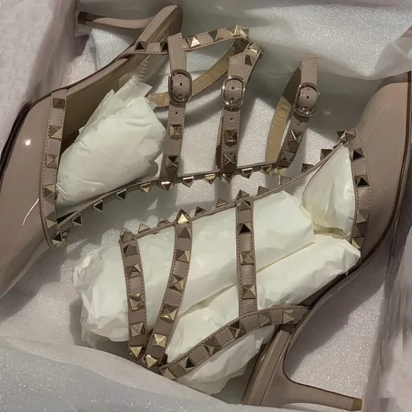 Valentino Rockstud Strappy Sandals Beige and Black Heels - 23