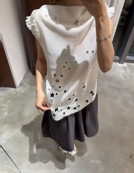 Design White Star-Embellished Ruffle Sleeve Vest Top - 12