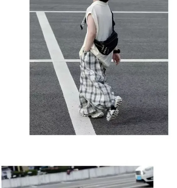 Design Sleeveless Polo Shirt with Bandana Detail, Gray Plaid Baggy Pants, and White Chunky Sneakers - 14