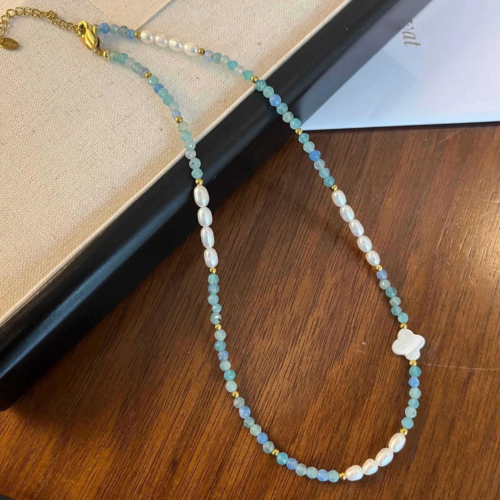 Design Pearl and Aqua Bead Bracelet with Mother-of-Pearl Charm Jewelry - 11