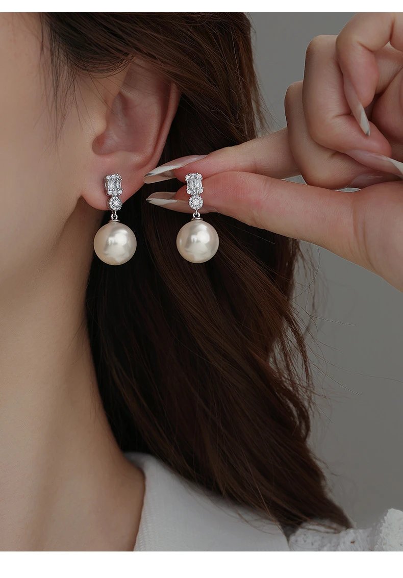 Design Platinum Gray 12MM Pearl Earrings with Baguette and Round CZ Jewelry - 20