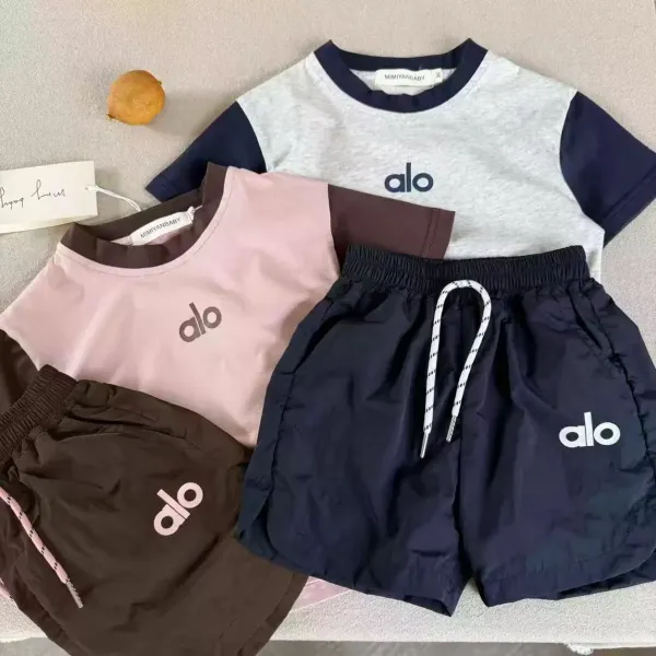 Alo Yoga Color-Block Logo T-Shirt and Shorts Set Pink / Brown - 6