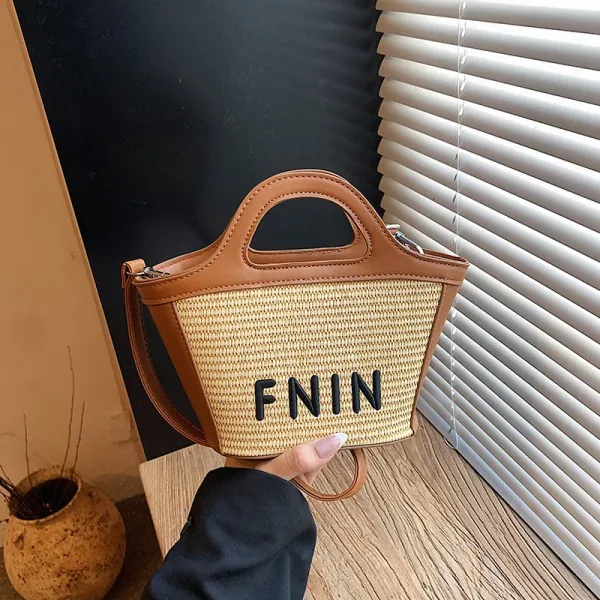 Design FNIN Woven Straw Top-Handle Bag Beige and Brown Handbag Handbags - 1
