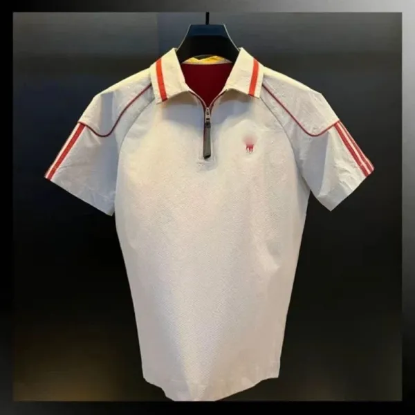 Design Zip-Neck Polo Shirt White with Red Trim Tops Polo - 3