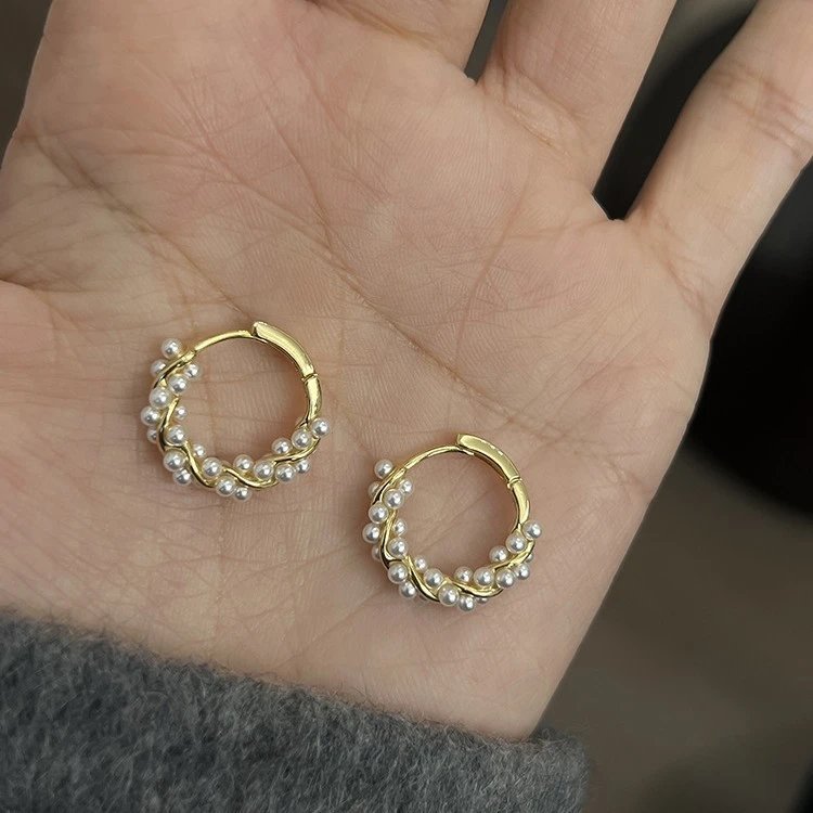 Gold Tone Pearl Hoop Earrings White Classic