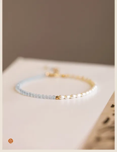 Design Pearl and Aquamarine Bead Bracelet in Gold-Tone Jewelry - 15