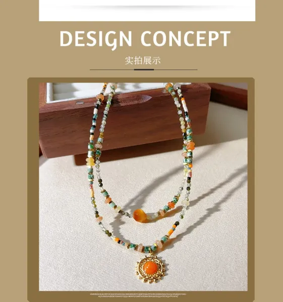 Design Beaded Gemstone Necklace with Amber Center Stone Jewelry - 7