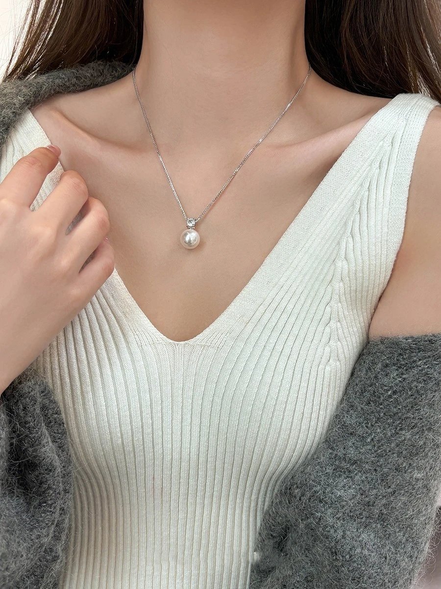 Design Pearl and Diamond Pendant Necklace Silver Jewelry - 11
