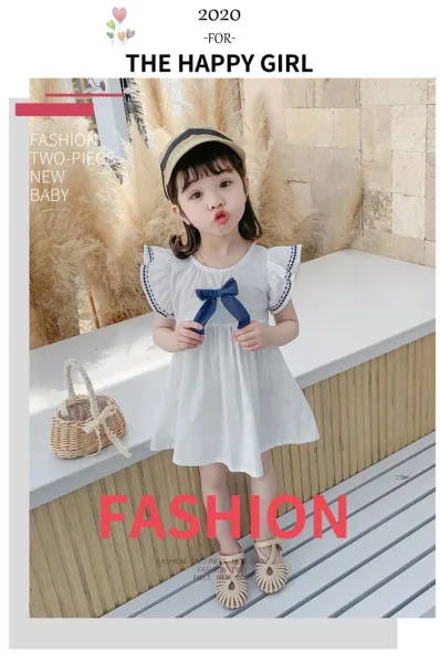 Design Bow Detail White Dress with Navy Trim Kids Dress - 3