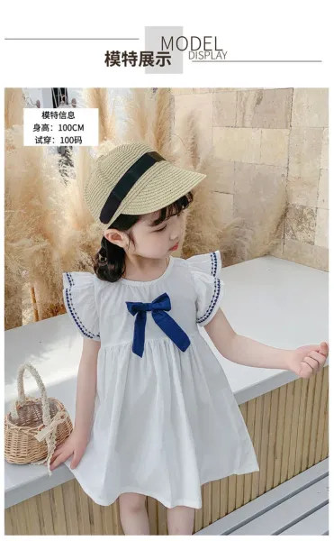 Design Bow Detail White Dress with Navy Trim Kids Dress - 7