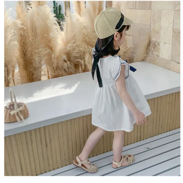 Design Bow Detail White Dress with Navy Trim Kids Dress - 14