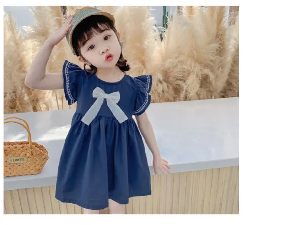 Design Bow Detail White Dress with Navy Trim Kids Dress - 18