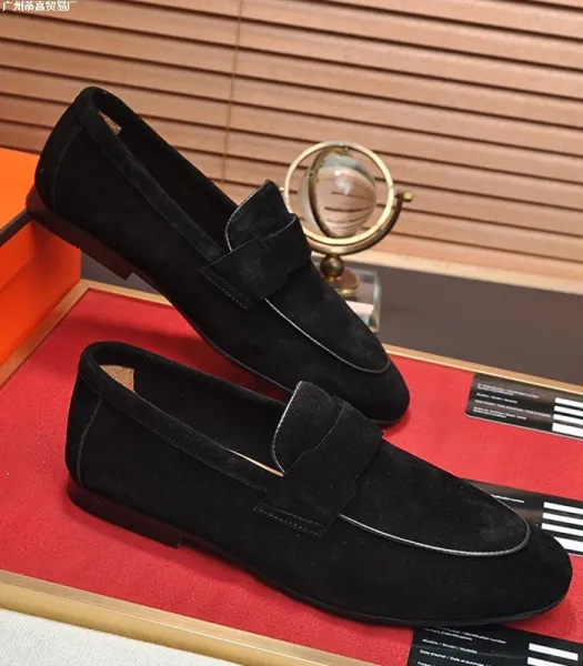 Design Pebbled Leather Penny Loafers Black Casual Shoes - 12