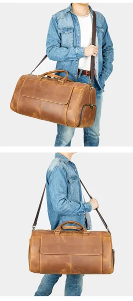 Design Vintage Leather Duffle Bag Tan Travel Bag - 8
