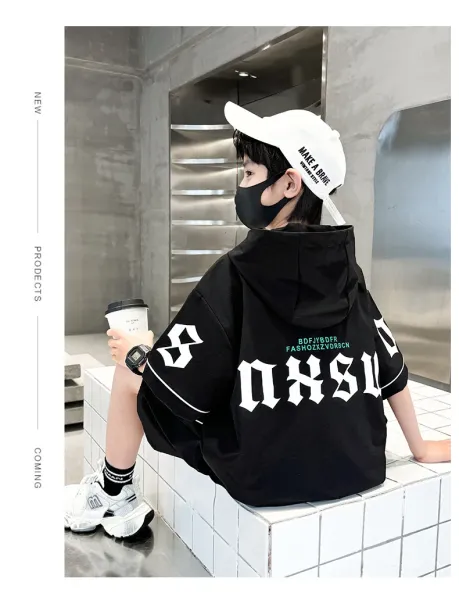 Design Short-Sleeve Hooded Jacket and Shorts Set Black Streetwear Outfit - 12