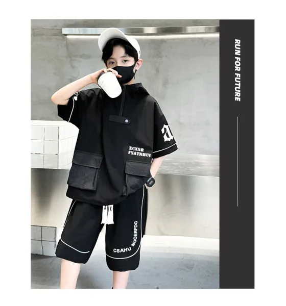 Design Short-Sleeve Hooded Jacket and Shorts Set Black Streetwear Outfit - 16