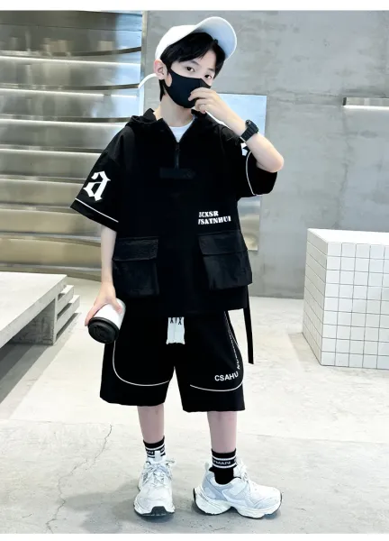 Design Short-Sleeve Hooded Jacket and Shorts Set Black Streetwear Outfit - 17