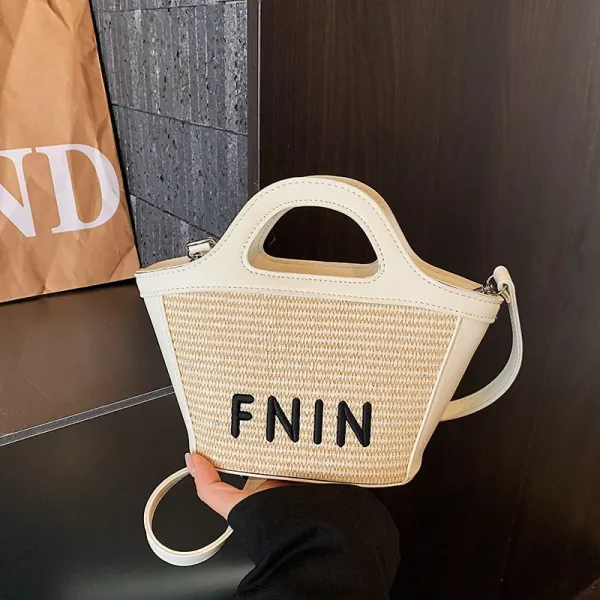 Design FNIN Woven Straw Mini Tote Bag Beige Handbags - 1