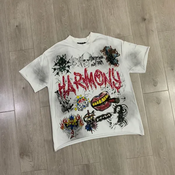 Design Harmony Graphic Print Distressed White T-Shirt T-Shirts - 1