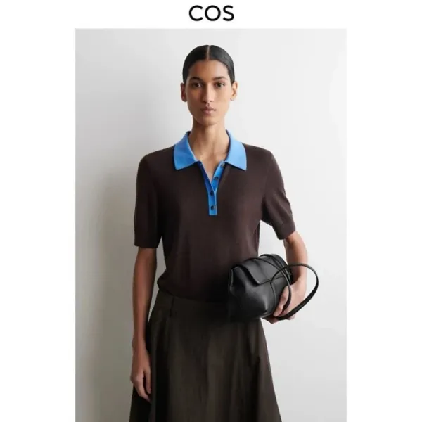 Design COS Color-Block Knit Polo Brown with Blue Collar Tops Polo - 6