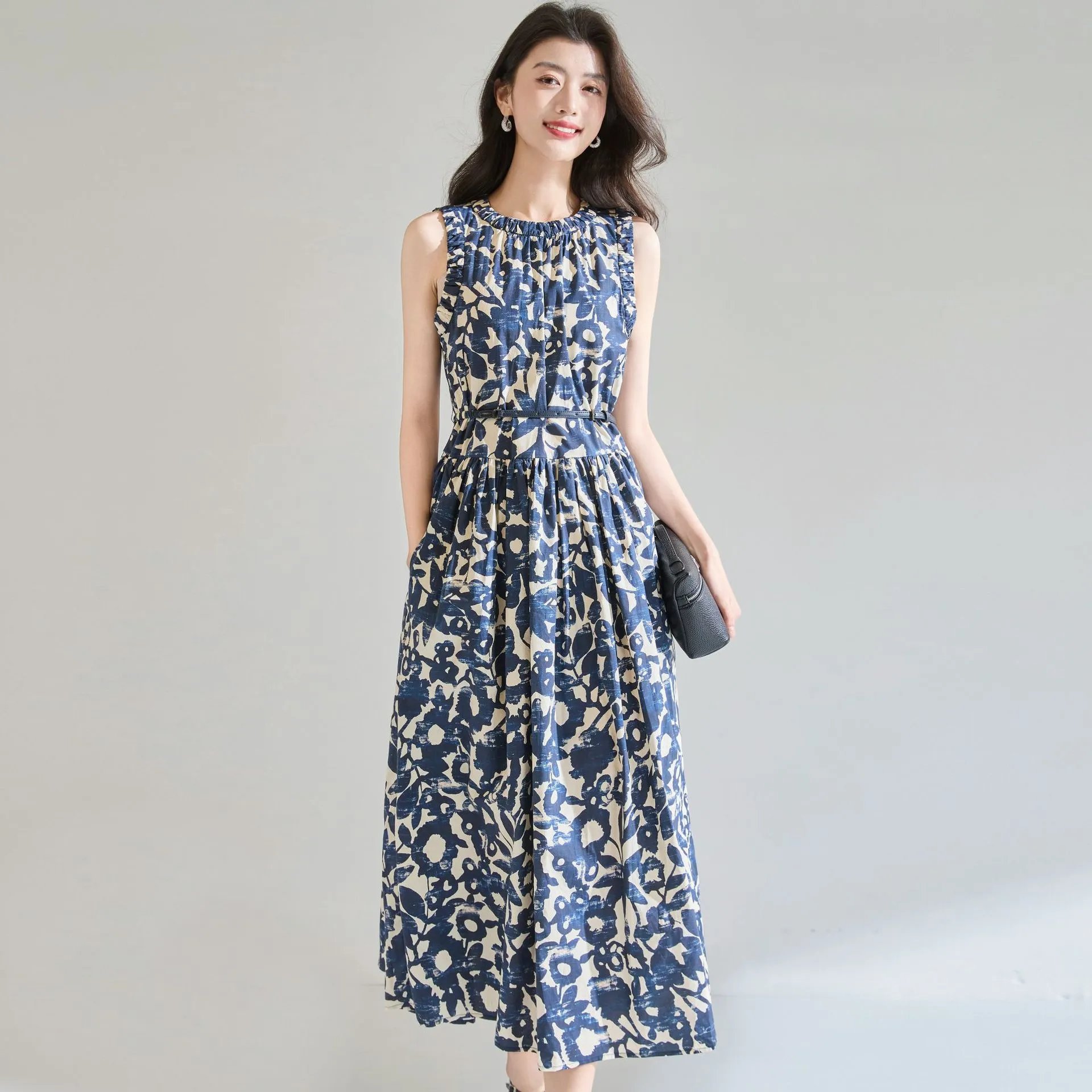 Floral Print Sleeveless Navy Blue Midi Dress
