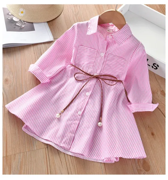Design Pink Stripe Shirt Dress with Pearl-Tipped Belt - 9