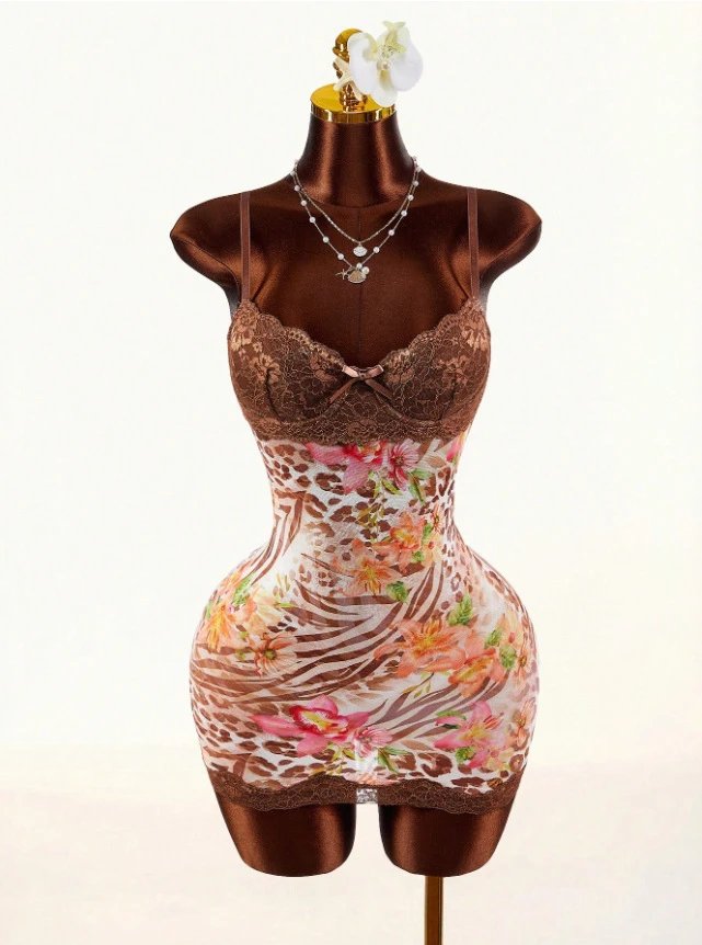 Design Leopard Print Lace Trim Bodysuit Yellow Underwear - 39