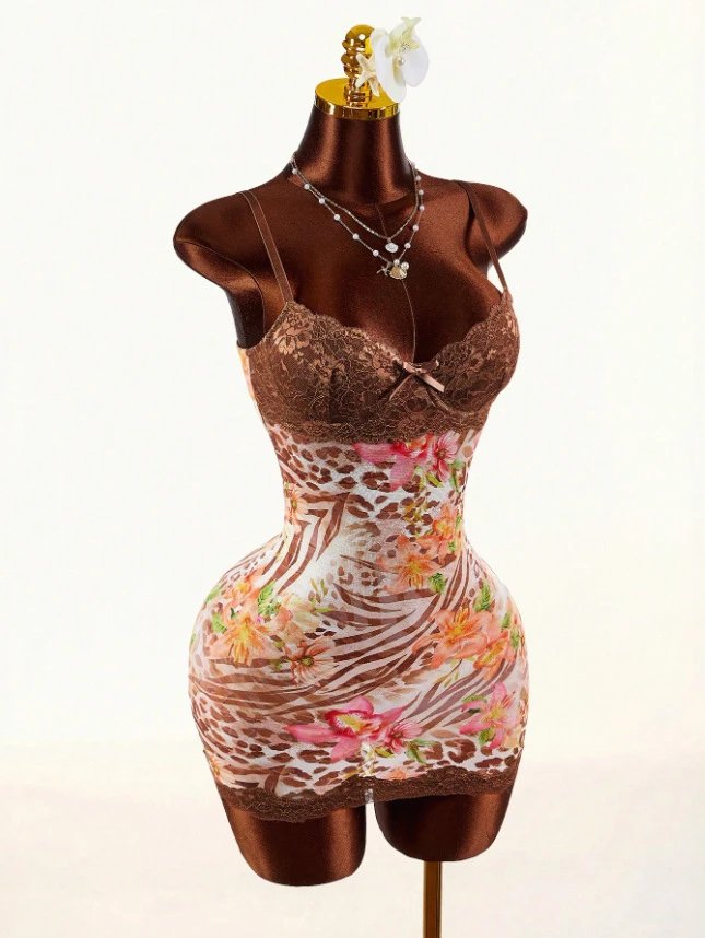 Design Leopard Print Lace Trim Bodysuit Yellow Underwear - 41