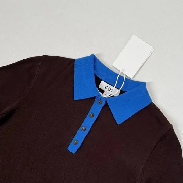 Design COS Color-Block Knit Polo Brown with Blue Collar Tops Polo - 15