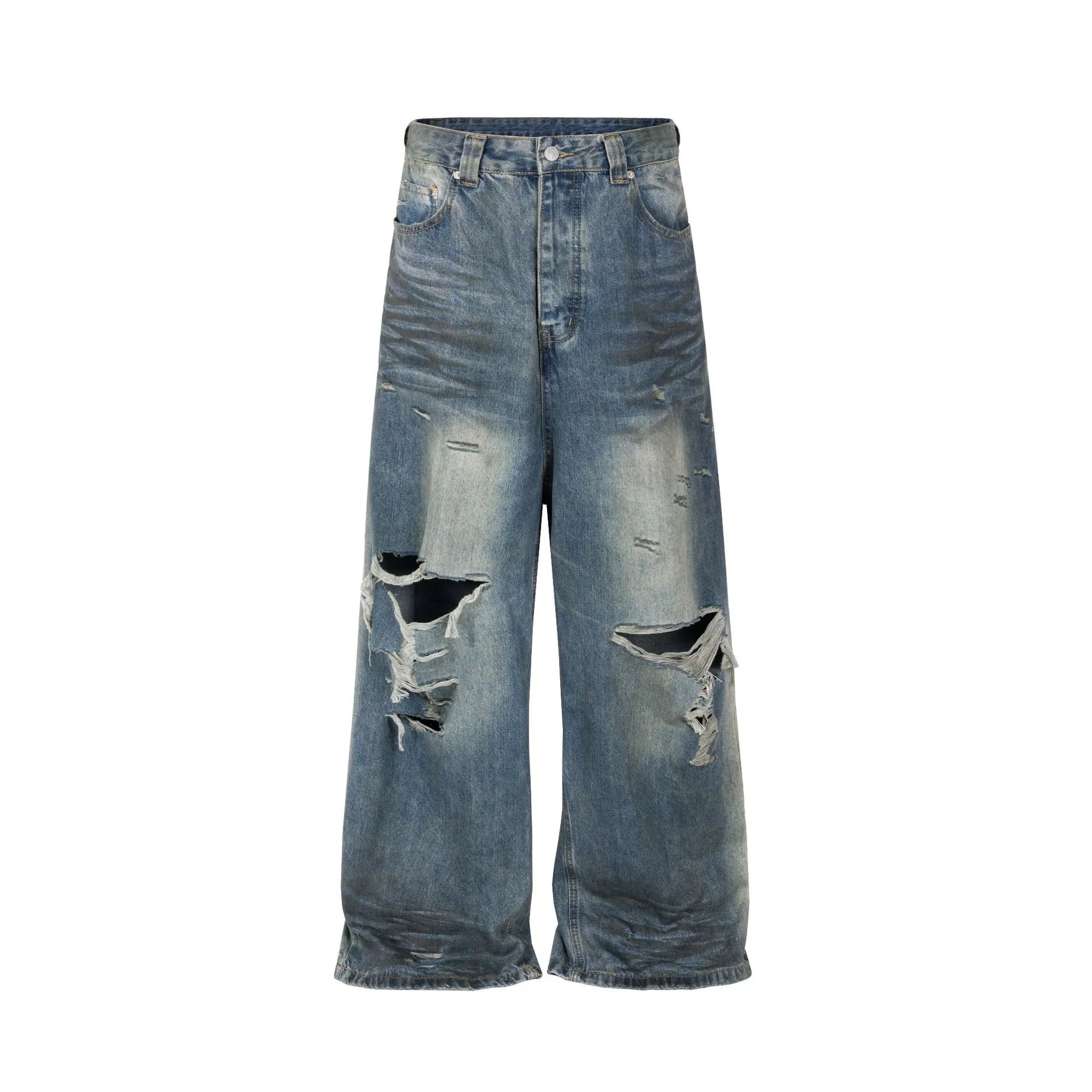 Moclose Distressed Wide Leg Blue Ripped Denim Jeans